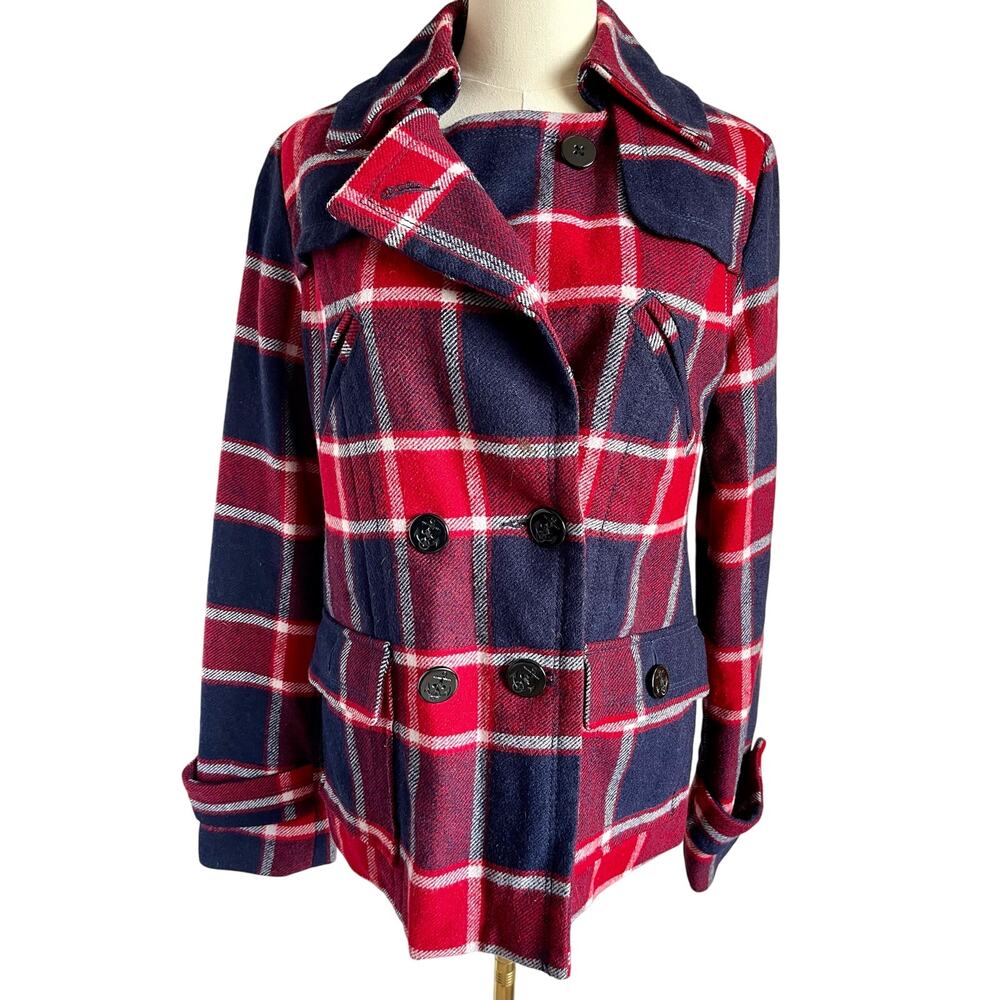 American Eagle Sz M Wool Blend Plaid Preppy Nautical Peacoat Jacket EUC